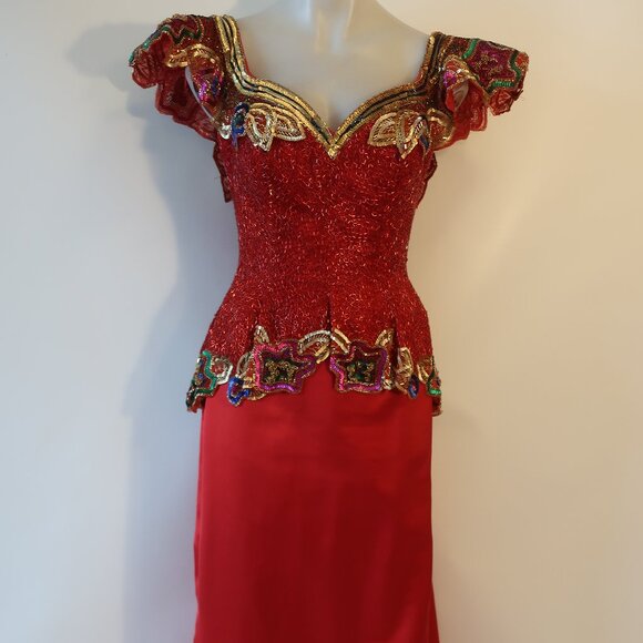 Womens Fabrice Silhouette Red Gold Beads Sequin Silk Satin Formal Gown Dress 10* - Picture 2 of 16